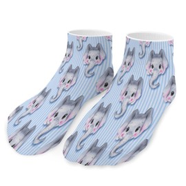 Xmkltbz 1 Pair Unisex Sock Short Socks, Compression Crew Knee High Short Athletic Soft Circulation Socks for Running Sports 8x3.7 in Print Cartoon Grey Elephant Heads Seamless On Blue Stripes