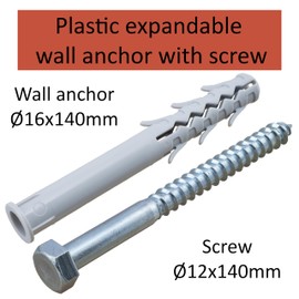 AERZETIX - C57451 - Set of 2 Dowels Diameter 16 x 140 mm - Plastic - with Countersunk Head + Screws with Hexagonal Drive Diameter 12 x 140 mm - Steel - Countersunk Dowels + Hex Screws - Colour Silver