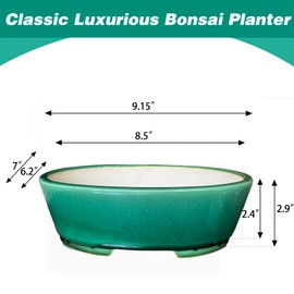 MUZHI 9” Glazed Oval Green Bonsai Planter Pot with Humidity Tray, Classic Neat Ice Crack Long Bonsai Tree Succulent Plant Pot with Saucer