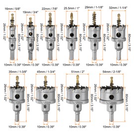 HARFINGTON 10pcs Metal Hole Saw Kit Carbide Cutter 0.63" to 2.13" Dia for Cutting 0.79" Thick Stainless Steel, Steel, Iron, Copper, Aluminum, Plastic