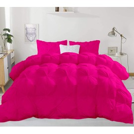 Bedding Kulcha All-Season 600 GSM 3 Pieces Quilted Pinch Pleated Fluffy Comforter Set (Comforter + 2 Pillow Cases) 800 Series 100% Cotton Duvet Insert (Oversized Queen, Hot Pink)