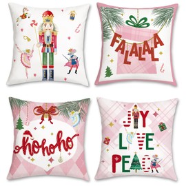 Bonhause Christmas Nutcracker Cushion Covers 45 x 45 cm Pink Winter Holiday Party Decorative Throw Pillow Covers Soft Velvet Xmas Pink Pillowcases for Sofa Bed Home Xmas Decor Set of 4