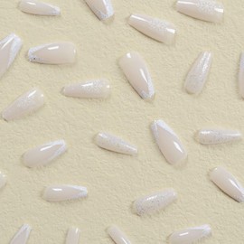 Christmas Press on Nails Medium Coffin Winter French Tip Fake Nails White Full Cover False Nails with Snowflake Designs Glitter Glossy Glue on Nails Acrylic Manicure Artificial Nails for Women Girls