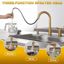 Tohlar Kitchen Faucet with Soap Dispenser Gold Kitchen Faucets Single Handle Kitchen Sink Faucet with Pull Down Sprayer Stainless Steel Brushed Gold Faucets for 2 or 3 Holes Kitchen Sink