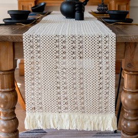 Fecialy Macrame Table Runner Farmhouse Boho Beige Table Runner with Tassel Woven Cotton Crochet Lace Table Runner for Bohemian Kitchen Dining Table,30x180cm