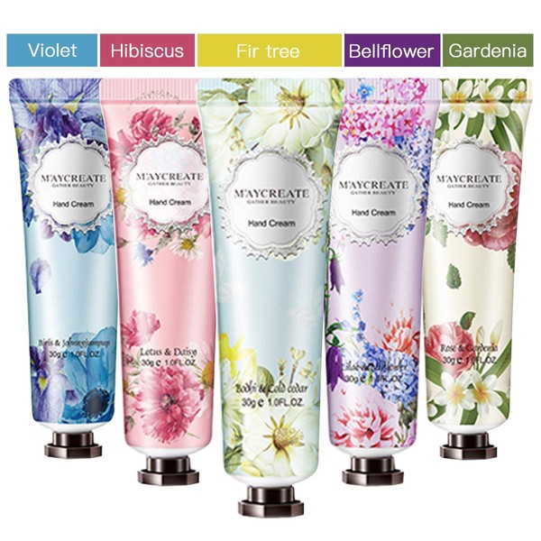 Plant Flower Scent Hand Cream with Shea Butter and Natural Aloe Vera Moisturizing Hand Cream Gift Set for Men and Women 5 Pieces
