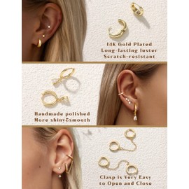 Adramata Gold Earrings for Women Stainless Steel Dangle Drop Stud Earring Chain Hoop Huggie Earring Hypoallergenic Tragus Helix Piercings Gold Silver Earrings Set for Multiple Piercing 8Pairs