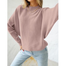 ZESICA Women's Fall Turtleneck Batwing Long Sleeve Ribbed Knit Casual Soft Pullover Sweater Jumper Top,Pink,Medium