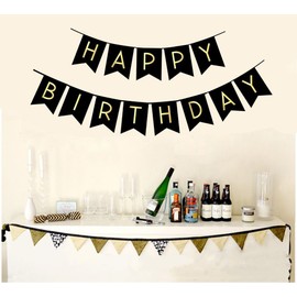 FECEDY Black Happy Birthday Bunting Banner with Shiny Gold Letters Party Supplies