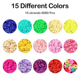 Clay Beads, 5700Pcs Polymer Clay Beads Bracelet Making Kit, 15 Colors 6mm Clay Flat Beads Heishi Jewellery Making Beads for Necklace Earring Pendant, Clay Beads Refill for Kid Adult (15 Strands)