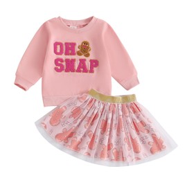 Christmas Baby Outfit 0-4 Years Toddler Infant Girls Christmas Clothes Set Long Sleeve Letter Gingerbread Embroidery Sweatshirt Pullover Hoodies With Tulle A-Line Tutu Skirt (Pink, 6-12 Months)
