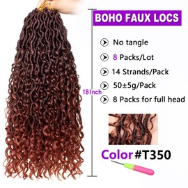 ZRQ 8 Packs Curly Faux Locs Crochet Hair 18 Inch New Goddess Locs Crochet Braids Hair ,Pre Looped River Fauxs Locs Wavy Crochet Hippie Locs With Curly Ends Synthetic Extended Locs For Black Women T350#