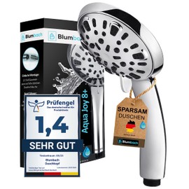 BLUMBACH Aqua Joy Shower Head Water-Saving + Pressure Increasing 8-9 Litres/Min, High Pressure 8 Jet Types with Stop Function, Water-Saving Shower Head Shower, Hand Shower, Economy Shower Head