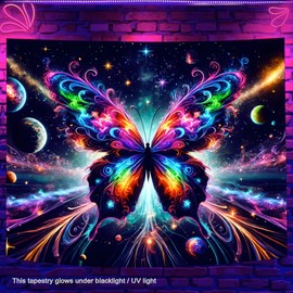 BlissYard Blacklight Butterfly Tapestry Moon Stars UV Reactive Galacy Space Tapestry Wall Tapestry Aesthetic Neon Mysterious Starry Night Sky Tapestry Wall Hanging for Bedroom 51" X 78"
