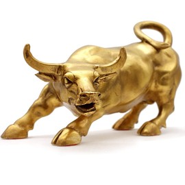 WANLIAN Wall Street Brass Bull Statue - Feng Shui Lucky Symbol of Stock Market Sculpture Home Decoration Representing Career and Wealth (S - 3.7")