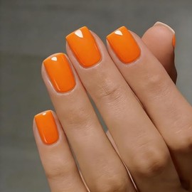 SXVME Uñas postizas cortas cuadradas de gel suave, 30 piezas, 15 tamaños, color naranja, uñas postizas cortas, reutilizables, gruesas, con pegamento, 