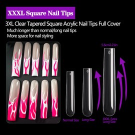 3XL Square Nail Tips, 240PCS Clear Full Cover Artificial False Nails Tips, Extra Long Square No C Curve Acrylic Nail Tips, XXXL Tapered Square Fake Nails for Salons Home DIY Nail Art 12 Sizes