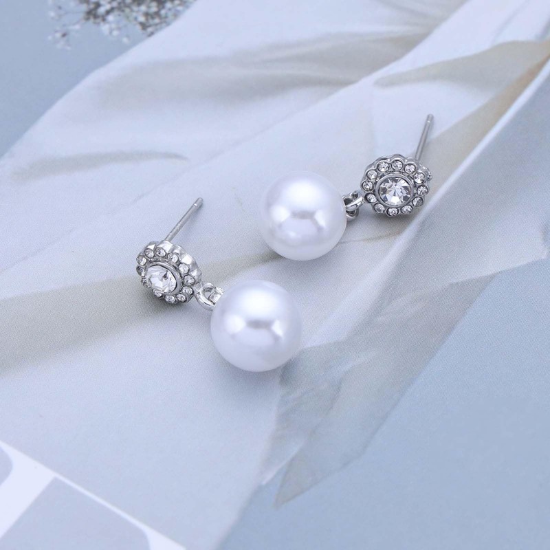Cimenexe Bohemian Crystal Pearl Drop Earrings Silver Rhinestone Circle Stud