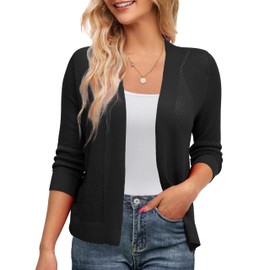 U.Vomade Women's Cardigans 3/4 Sleeve Open Front Cropped Cardigan Hollow Out Bolero Shrug Black M