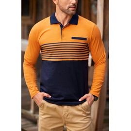 VOGSTART Mens Business Pullover Spring Poloshirt Color Block Casual Fashion Long Sleeve Work Polo Shirts Orange M
