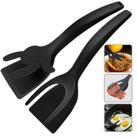 2 in 1 Flipper Spatula with tongs - Nylon Easy Grip Flip Spatula for Hash browns, Burgers, Steaks, French Toast, Omelets, Pancakes - Non-Stick Head, Ergonomic Handle (Black and Black Mickey)