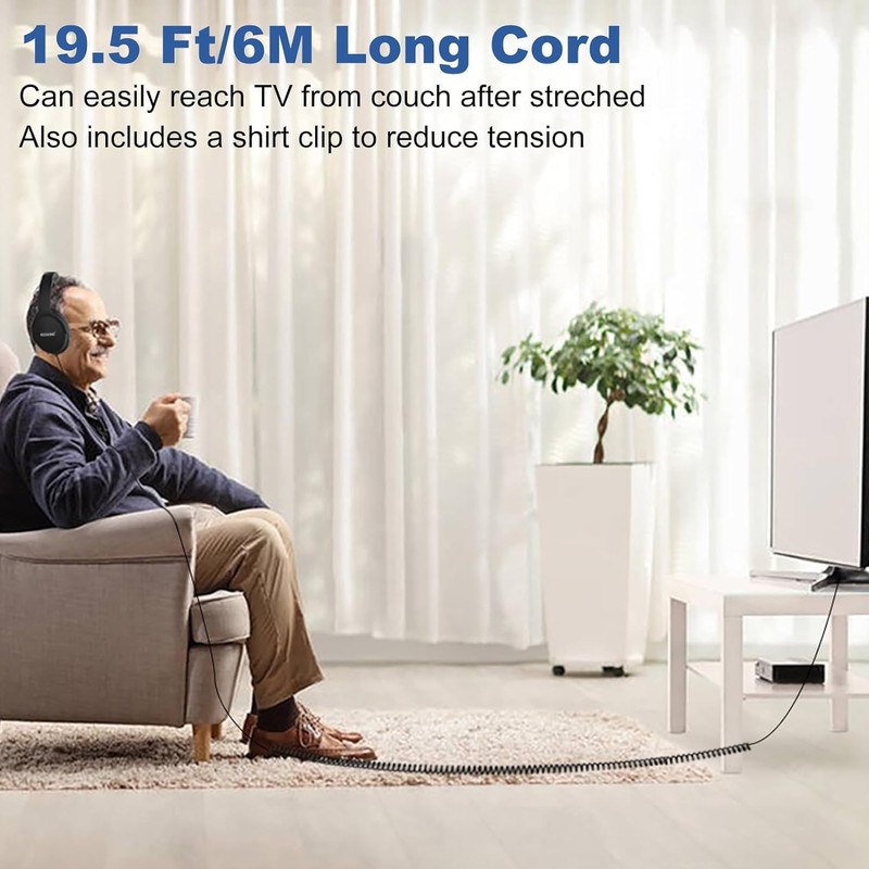 MOXKING 19.5Ft / 6M Extra Long Cord Headphones for TV