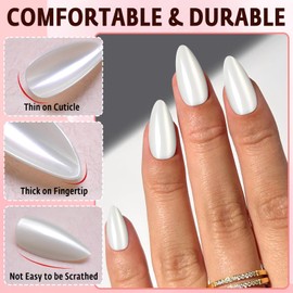 Bellelfin 120Pcs Cat Eye Press on Nails Almond Medium Length, Full Cover Sliver White Press on Fake Nails Glossy Acrylic Almond Shape Glue Nails for Women Girls