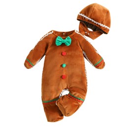 Nicoxijia Newborn Gingerbread Costume Christmas Gingerbread Man Romper Long Sleeve Fleece Hooded Jumpsuit Outfit Fall Clothes (Gingerbread Costume-Brown, 0-3 Months)