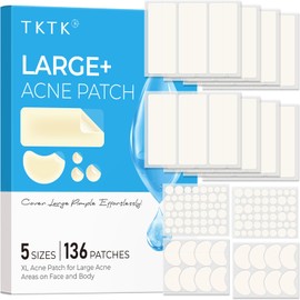 TKTK Large Pimple Patches for Face, 68 x 27 mm XL Hydrocolloid Bandages, Big Acne Patches for Body, Forehead, Chin, Nose, Chest and Back Blemish Zit Breakouts (Strip, Contoured, Dot 5 Sizes 136 Count)