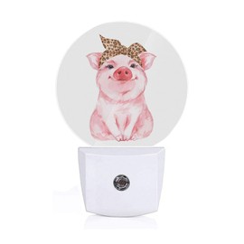 Axayaz Pig LED Night Light Pink Farm Animal Funny Cute Piggy Wearing Leopard Bandana Dusk to Dawn Round Lamp Auto Sensor for Bathroom Hallway Living Room