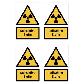 Sticker 150 x 100 mm, Pack of 4 Radioactive Materials Warning Sign with Text (German) (Yellow/Black) – Vertical – DIN EN ISO 7010 / ASR A1.3