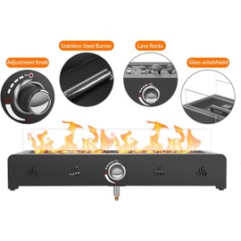 Onlyfire 28 Inch Tabletop Gas Fire Pit, Outdoor Propane Fire Pit Bottom Mounted with Glass Wind Guard and Lava Rock, Rectangular Smokeless Fire Table Indoor Outdoor Fireplace