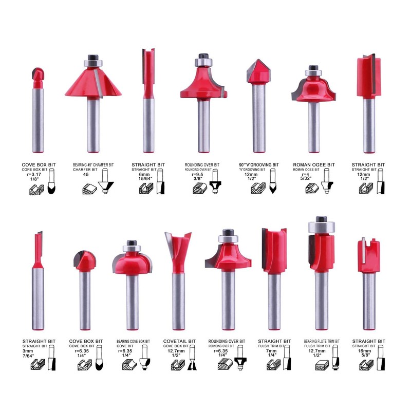 LU&MN Carbide Tipped Router Bits (15 PCS) with 1/4" Shank,