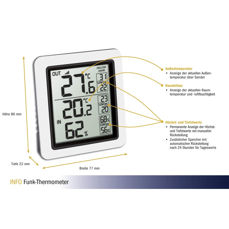TFA Dostmann INFO Funk-Thermometer inkl. Außensender, 30.3065.02, zur Ermittlung der