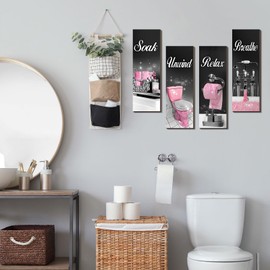 Honoson 4 Pcs Bathroom Decor Wall Art Farmhouse Bathroom Pictures Wall Decor Soak Unwind Relax Breathe Wood Hanging Sign for Home Spa Laundry (Black Pink,15.7 x 5.9 Inch)