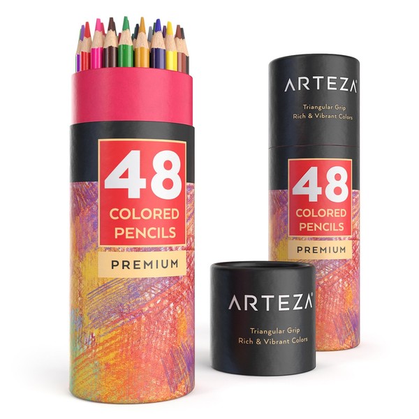 Arteza Colored Pencils Set, 48 Colors with Color Names, Triangular shaped, Pre sharpened, Soft Wax-Based Cores, Vibrant Artist Pencils