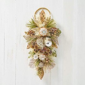 Holiday Tree 25” Teardrop Swag Sage Green Gold with Mini Wood Rose – Handcrafted Christmas Swag with Jeweled Ornaments, Glittery Roses, Pinecones & Foliage