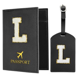 PATIKIL Passport Holder for Travel, Initial Passport Cover and Luggage Tag Set with Alphabet Chenille Letter Patch Travel Wallet Bag Suitcase Identifier for Women Family Travel Black L