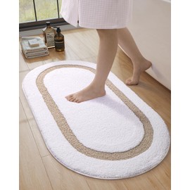 LUMI Oval Bathroom Rug,White Bath Mat Non Slip,Premium Super Water Absorbent Oval Bath Mat,Ultra Soft,Machine Washable Oval Bath Mats for Bathroom,Bathtub,Bedroom, 24"x44",White and Beig