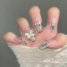 24Pcs Press on Nails Medium Coffin Butterfly, Nude Pink Fake Nails with Glitter Rhinestone Design Stick on Nails Glossy Acrylic Glue on Nails Artificial Nails for Women