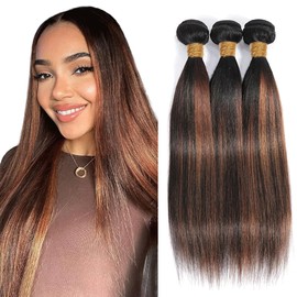 P1B30 Bundle Highlight Straight Human Hair Bundles Two Tone Black Mixed With Color 30 Bundle 1B30 Ombre 3 Bundles 14 16 18 Inch Brown Straight Hair Weave