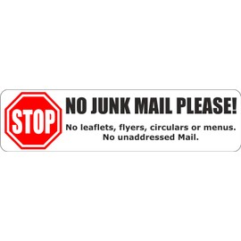 INDIGOS UG - Sticker/Bumper - No Junk Mail Sticker Set - White - Self-Adhesive Sign for Door or Letterbox 99x26 mm - 5 Pieces