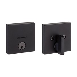 Kwikset Downtown Deadbolt Lock, Matte Black Square Exterior Keyed Front Entry Door, Pick Resistant SmartKey Rekey Security, Single Cylinder Dead Bolt, with Microban Protection