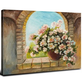 Vintage Flower Painting Wall Art Farmhouse Rose Floral Canvas Picture Decor 24x36" Rustic Nature Botanical in Pot Landscape Prints Impressionist Artwork for Living Room Bedroom Kitchen Home Decoration