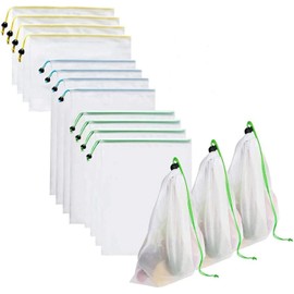 Yomitek Set of 12 Reusable Produce Bags,Washable Mesh Produce Bags with Drawstrings for Grocery Shopping & Storage,Produce Storage Bags ECO Green for Fruits and Veggies,Small, Medium, Large Size