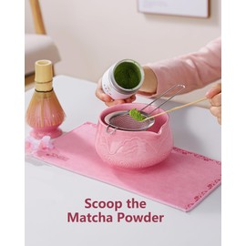 ZENS Matcha Whisk Set, 6pcs Matcha Set Pink Includes 15oz Ceramic Bowl and Bamboo Whisk (Chasen Holder) Scoop, 304 Sifter & Pink Tea Mat, Japanesse Matcha Kit for Matcha Latte-Making
