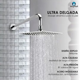 Regadera Cuadrada Tipo Lluvia 20x20 cm Acero Inoxidable – Cabezal de Ducha de Lujo con Brazo de 30 cm – 81 Salidas de Agua – Acabado Plateado