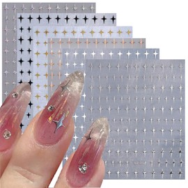 6 Sheets Gold Glossychic Stars Nail Stickers 3D Glitter Sliver Black White Starshine Cross Star Nail Art Designs Self-Adhesive Nail Art Supplies for Women Acrylic Nails Decorations Accessories