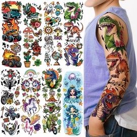 52 Pcs Temporary Tattoo for Kids Full Arm Mermaid Butterfly Cat Truck Dinosaur Rocket Planet Cute Animal Body Face Fake Arm Tattoos for Girls Boys Tiny Tattoo Stickers Birthday Gifts Party Supplies