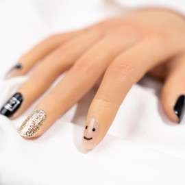 VRAIKO Press On Nails - Bad Smile, Black Magic Emoji Medium Squoval Fake Nails, UV Finish, Thick False Nails Acrylic with Muti-Layer Gel Made, Reusable, 5 Sizes - 10 Nail Kit with Glue and Tabs (M)